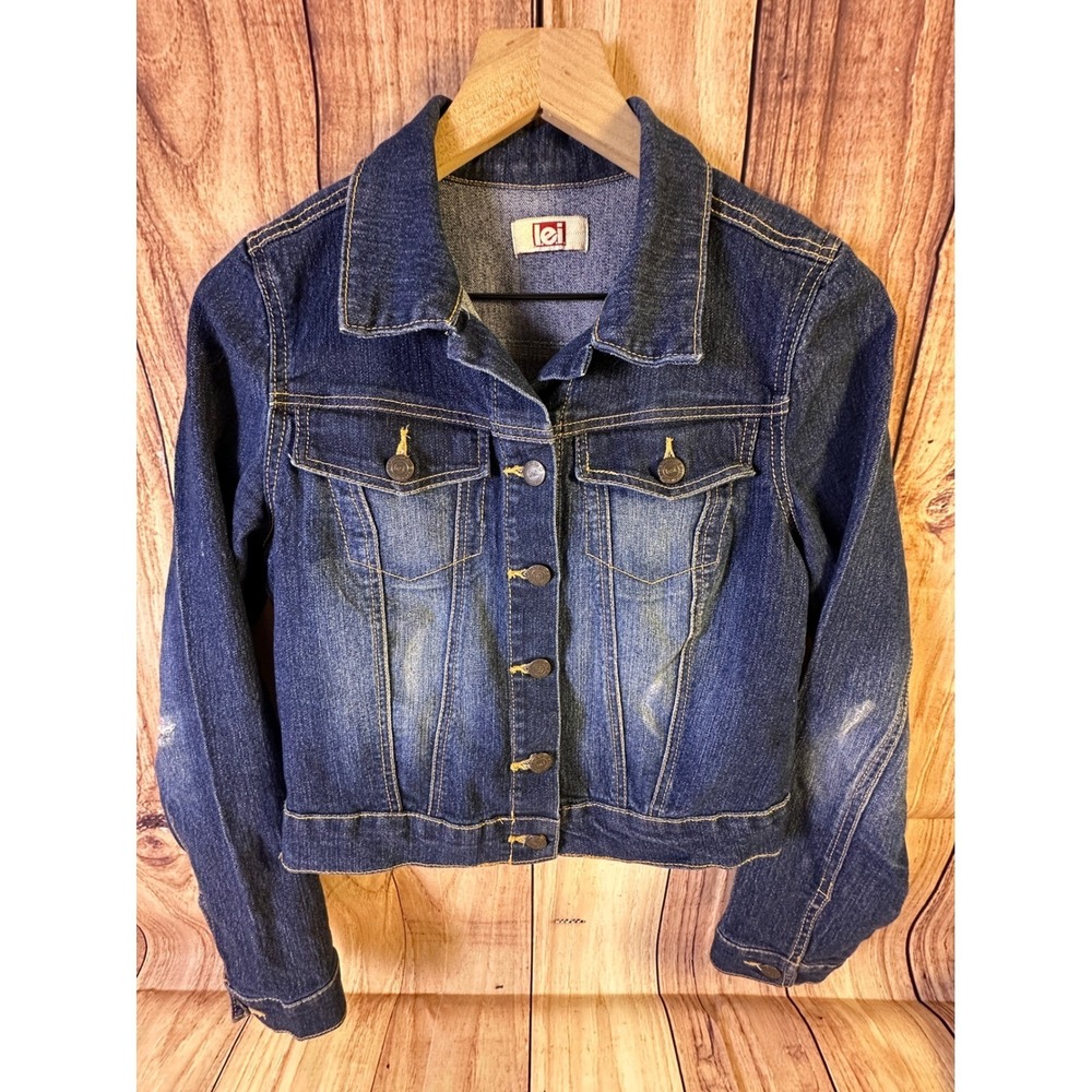 LEI Denim Jacket Women Junior Small Blue Distressed Button Up Stretch Cropped